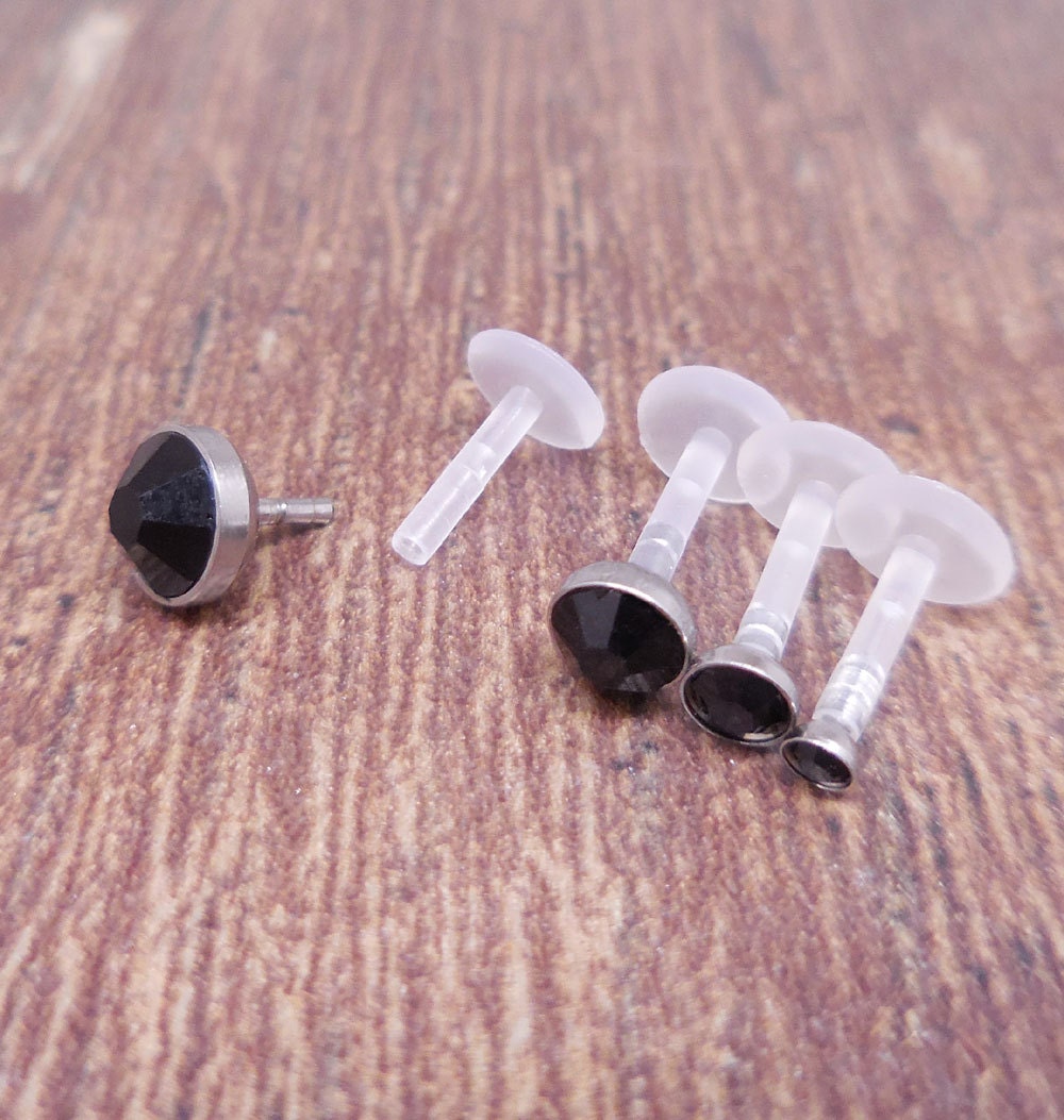 16G 6, 8, 10mm Helix BioFlex Earring Tragus Black Gothic Crystal Lip Labret BioPlast Rings