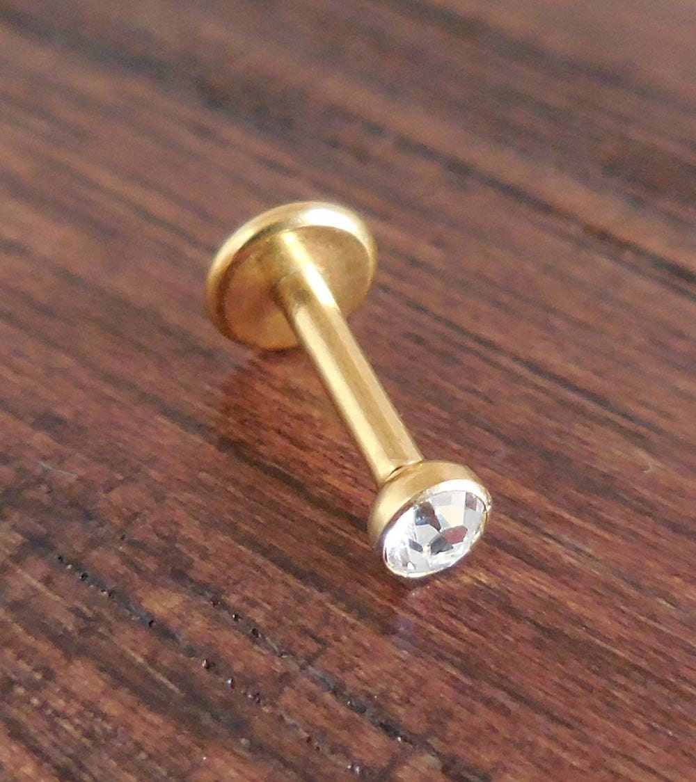 1.5,2,2.5mm Bezel Set CZ 18G 1/4" 6mm Post Triple Forward Helix Piercing Internally Threaded Cartilage Gold Tone Titanium Tragus Earring