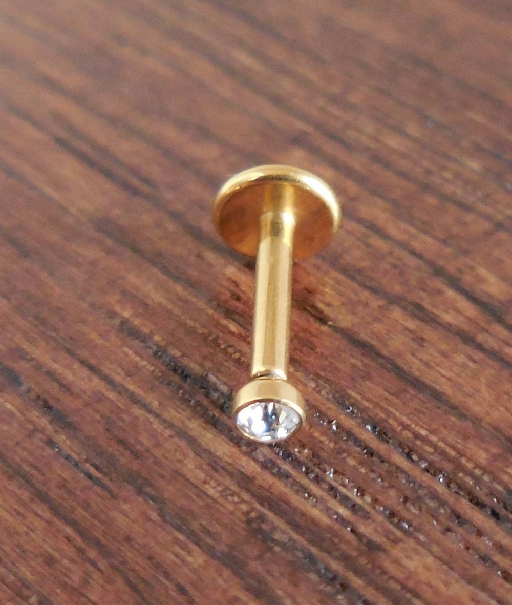 1.5,2,2.5mm Bezel Set CZ 18G 1/4" 6mm Post Triple Forward Helix Piercing Internally Threaded Cartilage Gold Tone Titanium Tragus Earring