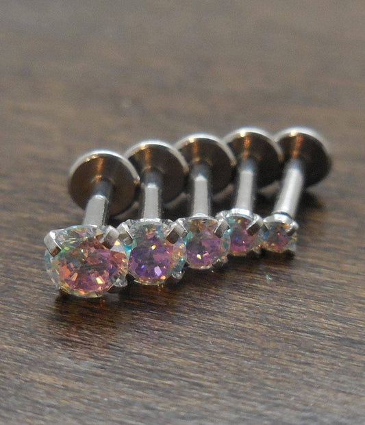 16G 6mm 1/4" Rainbow AB Crystal Triple Forward Internally Threaded Helix Earrings Cartilage Labret Stainless Steel Tragus