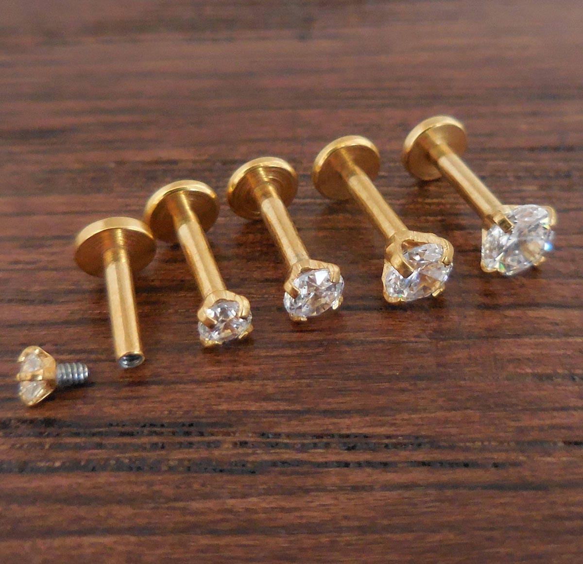16G 6mm 1/4" 2-4mm Clear Cubic Zirconia Triple Forward Helix Cartilage Labret Golden Internally Threaded Tragus Stud Jewelry Prong Set