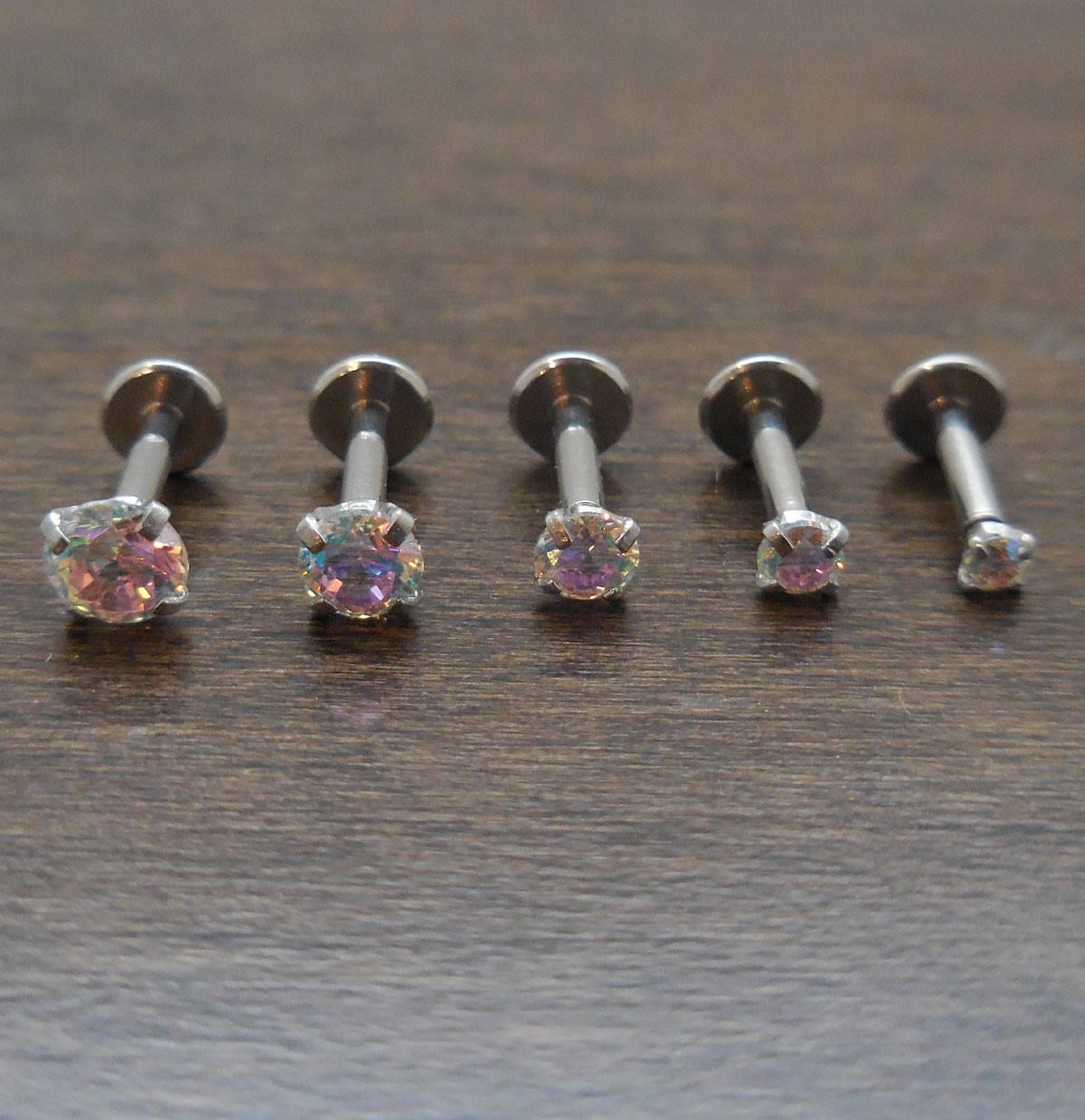 16G 6mm 1/4" Rainbow AB Crystal Triple Forward Internally Threaded Helix Earrings Cartilage Labret Stainless Steel Tragus