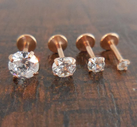 Rose Gold 18G 2-5mm Prong Set Clear Cubic Zirconia Triple Forward Helix Tragus Body Jewelry Earrings Nose Ring Cartilage Internally Threaded