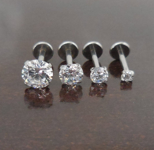 18g 2, 3, 4 or 5mm Tragus Earring Jewelry 1/4" 6mm Clear Prong Set Crystal CZ Cartilage Triple Forward Helix Piercing Bar Ear Nose Ring