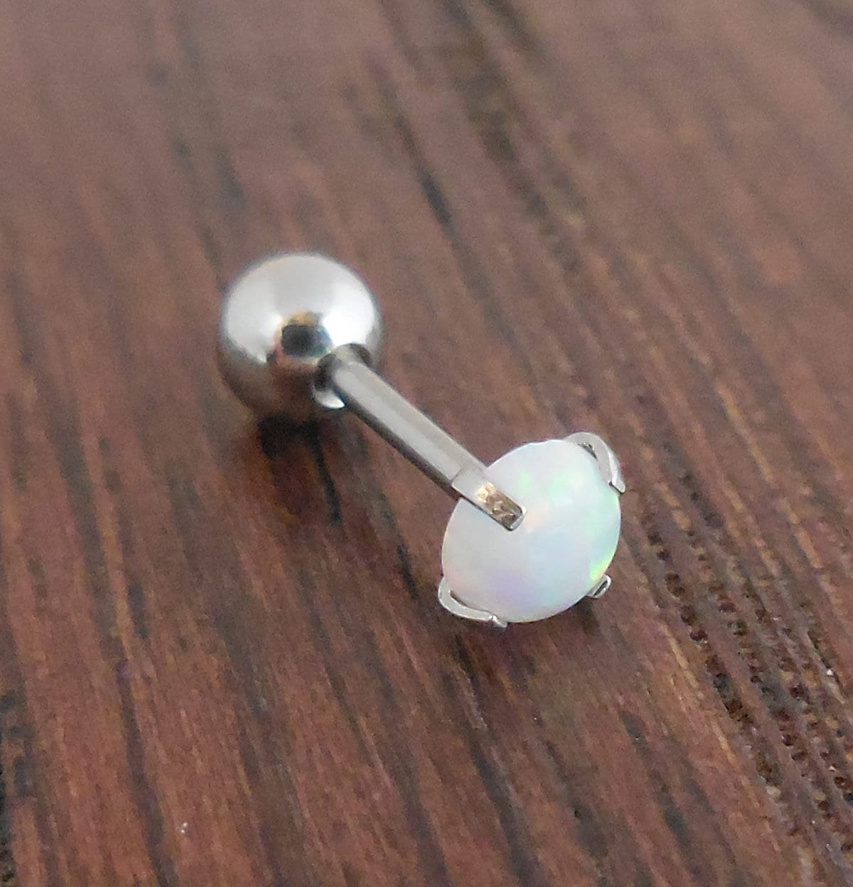 New White Fire & Ice Opal 18G 1/4" 2-5mm Ball Back Triple Forward Helix Stainless Steel Ear Cartilage Earrings