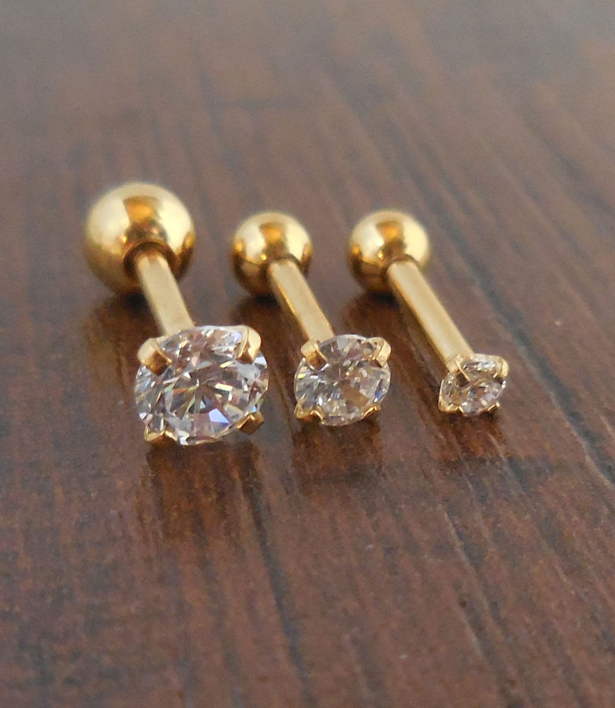 Triple Forward Helix Jewelry Gold Tone Titanium Clear Prong Set CZ Cartilage Earrings Cubic Zirconia 16G 1/4" 2-5mm Ball Back Ear