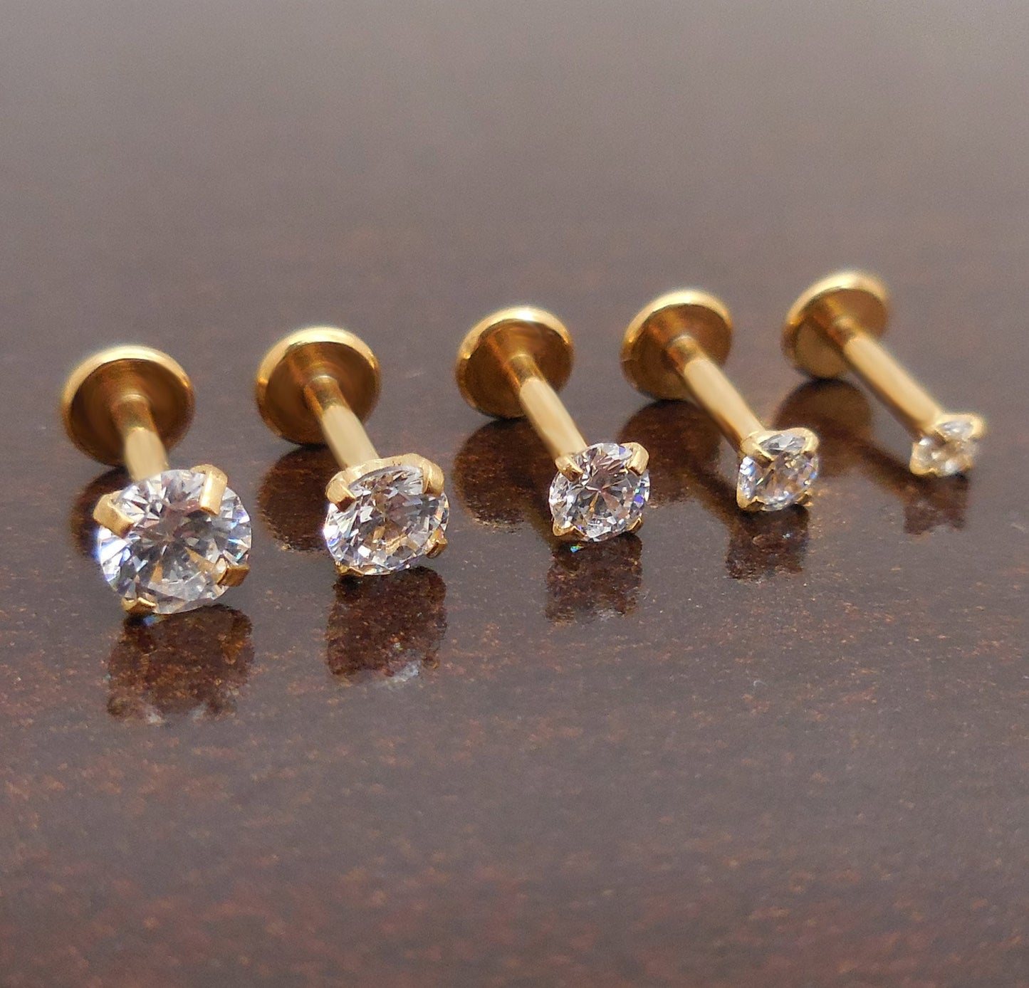 16g 2-4mm Tragus 6mm-8mm Threadless Push Pin Labret Nose Ring Cartilage Earrings Gold Tone Titanium Prong Set Clear CZ Stone Triple Helix