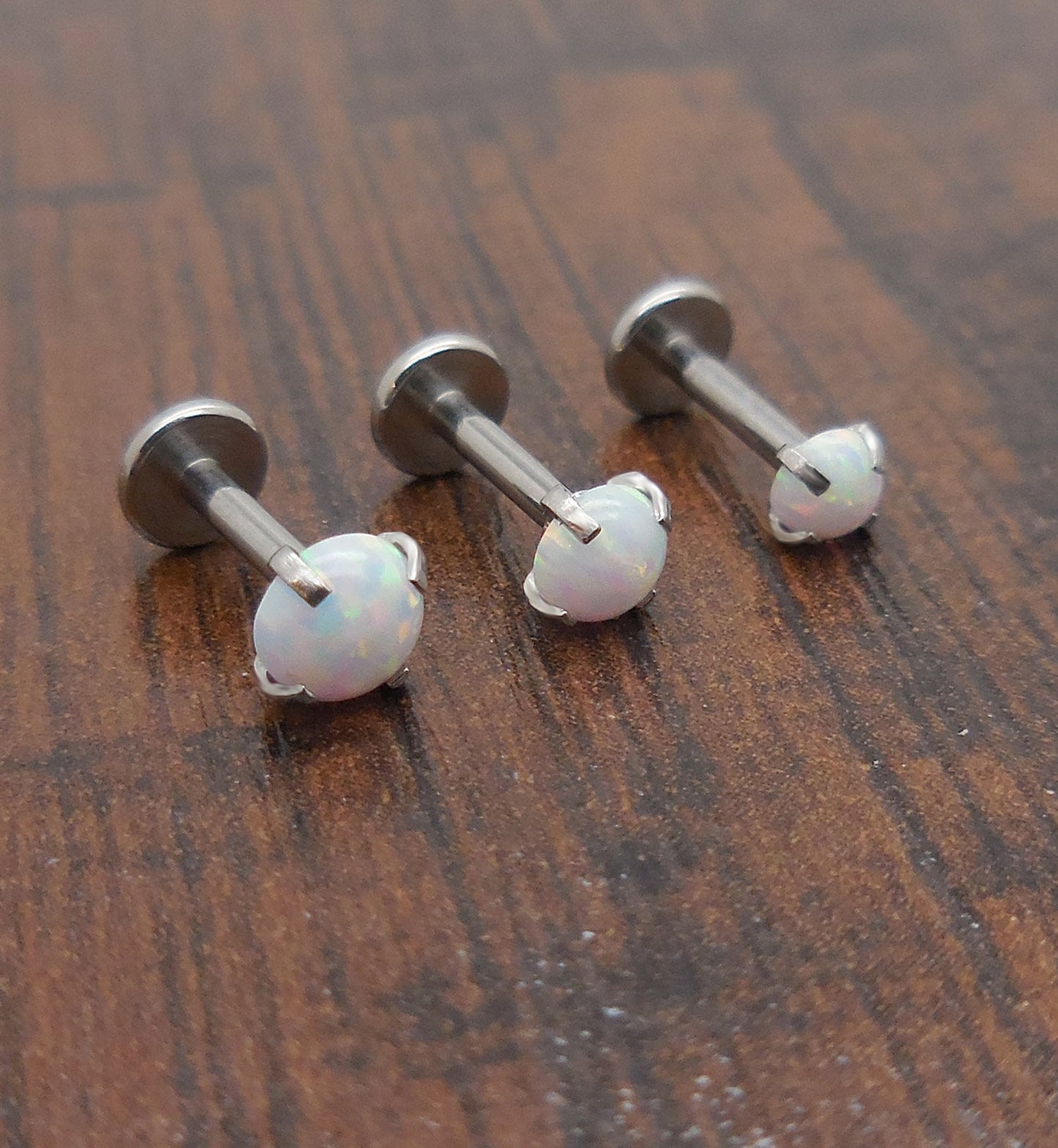 16g 2-4mm Tragus 6mm-8mm Threadless White Opal Push Pin Labret Triple Forward Helix Nose Ring Cartilage Earrings Stainless Prong Set
