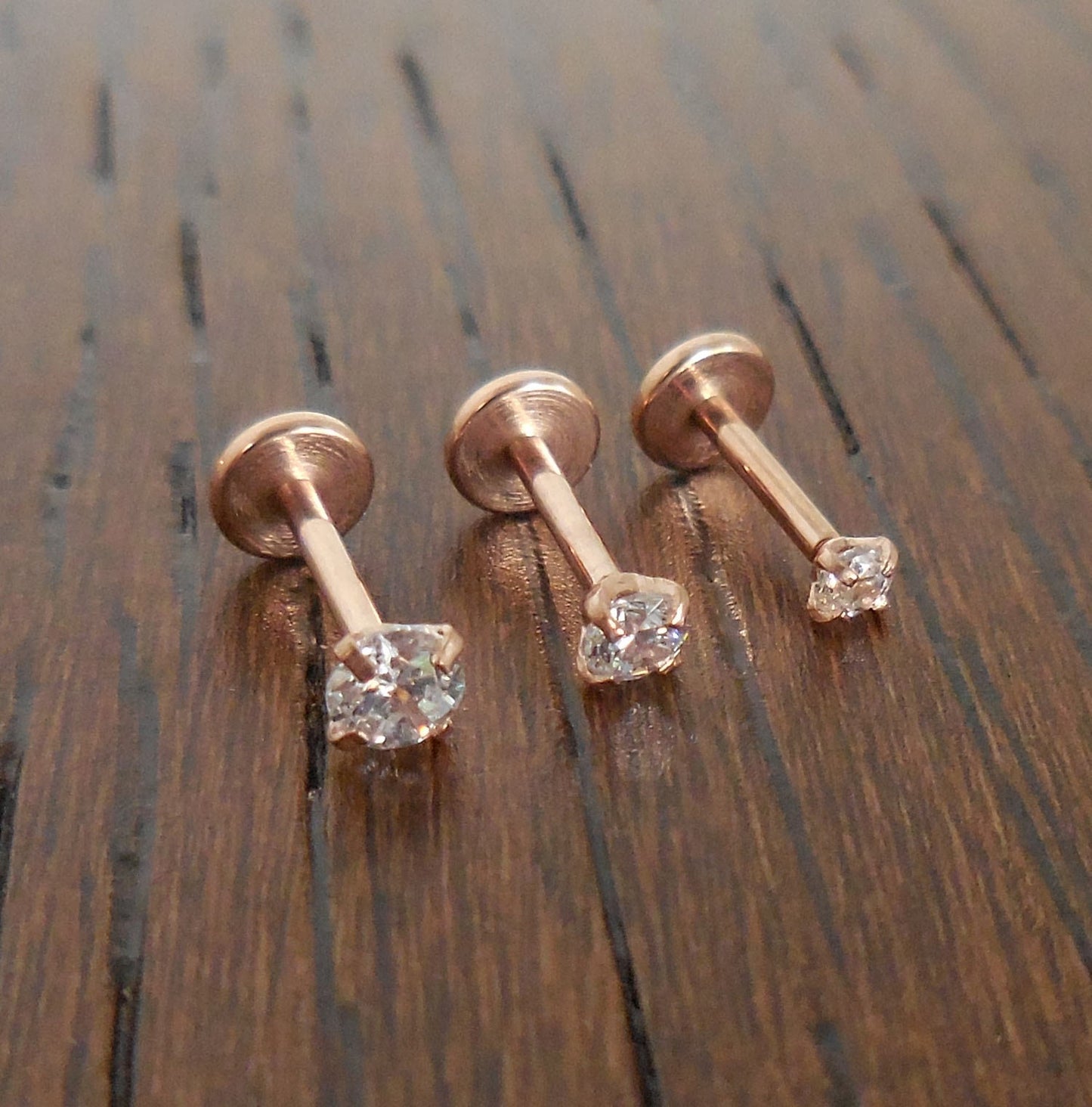 Tragus Threadless Push Pin 6mm-8mm Nose Ring 18g Prong Set Clear CZ 2-4mm Cartilage Earrings Rose Gold Tone Labret Triple Forward Helix