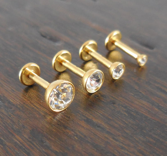 16g 2, 3, 4 or 5mm Clear Cubic Zirconia 6mm or 8mm Thread less Gold Tone Push Pin Triple Forward Helix Earring Cartilage Labret Nose Ring