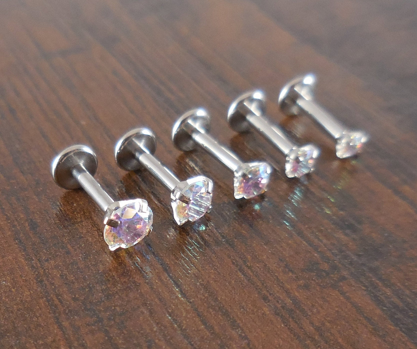16g 2-4mm Tragus 5mm-10mm AB Crystal Rainbow Stone Threadless Push Pin Labret Triple Helix Nose Ring Cartilage Earrings Stainless Prong Set