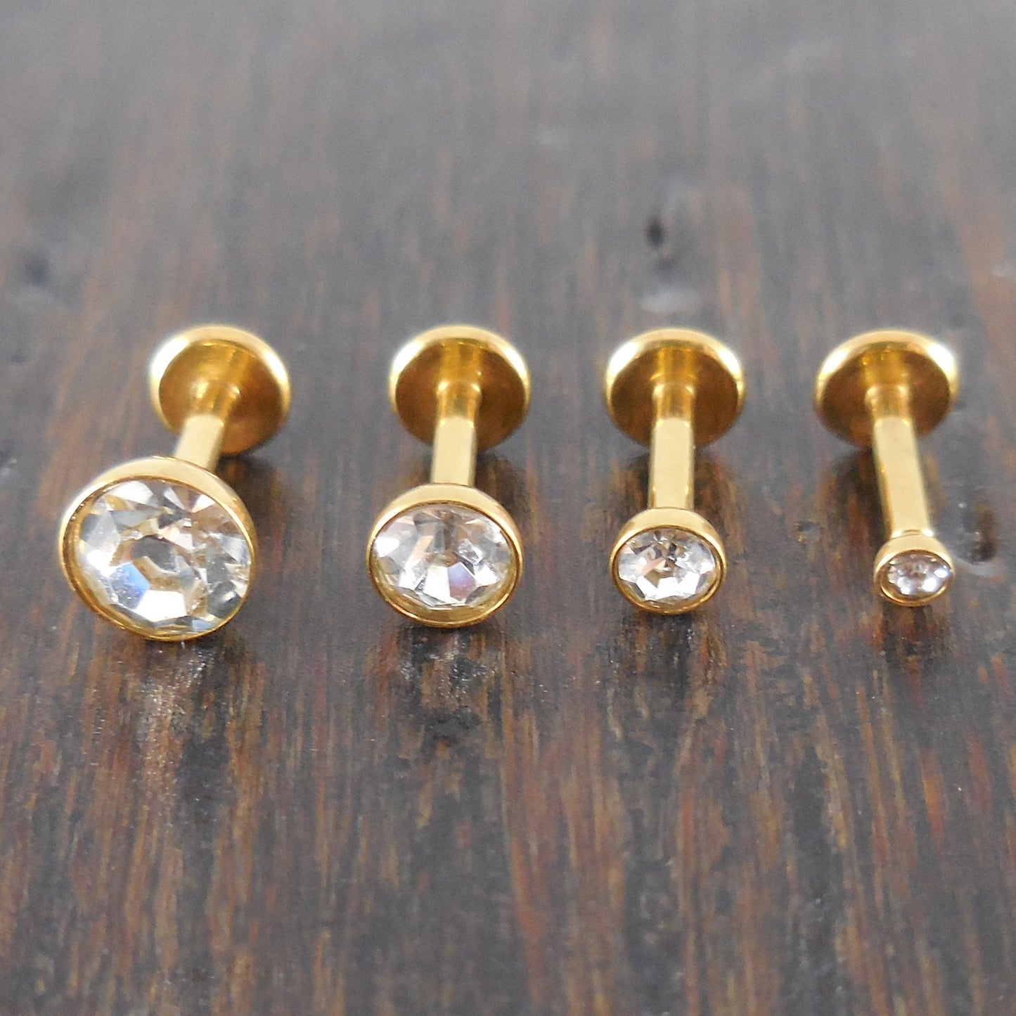 16g 2, 3, 4 or 5mm Clear Cubic Zirconia 6mm or 8mm Thread less Gold Tone Push Pin Triple Forward Helix Earring Cartilage Labret Nose Ring