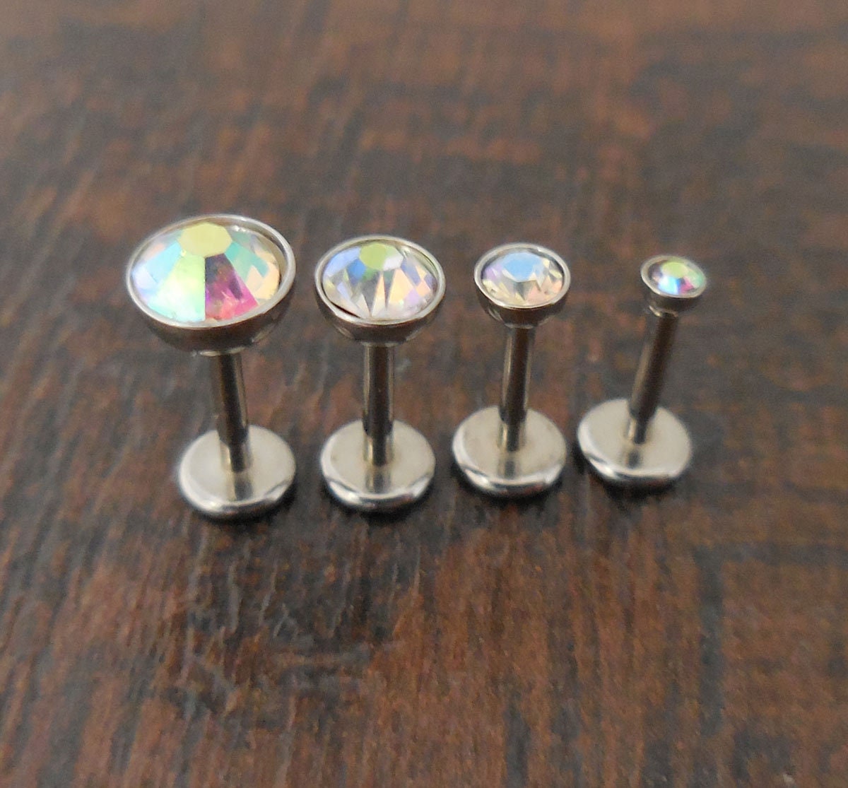 16g 2, 3, 4 or 5mm AB Aurora Borealis 6mm or 8mm Thread less Push Pin Triple Forward Helix Earring Cartilage Labret Stainless Nose Ring