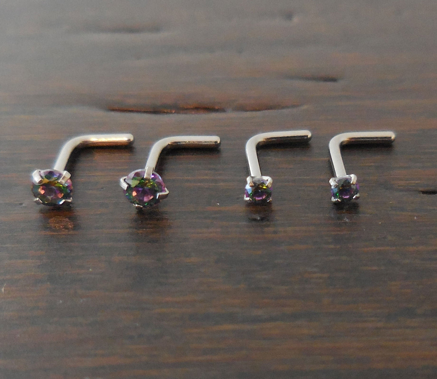 Pair 2mm or 3mm Prong Set Screws Nose Rings Many Colors Stainless Steel Blue Red Pink AB Crystal L Shape 20G or 18G