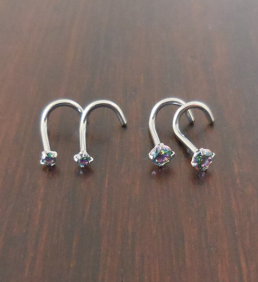 Pair 2mm or 3mm Prong Set Screws Nose Rings Many Colors Stainless Steel Rainbow Prism AB Crystal CZ 20G or 18G