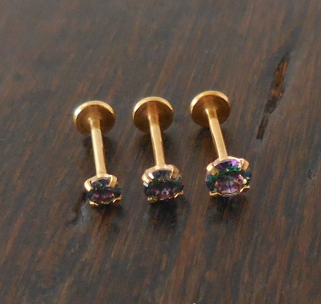 16g 2-4mm Tragus 6mm-8mm Threadless Nose Ring Push Pin Labret Cartilage Earrings Gold Tone Dark Prism Prong Set Rainbow Stone Triple Helix
