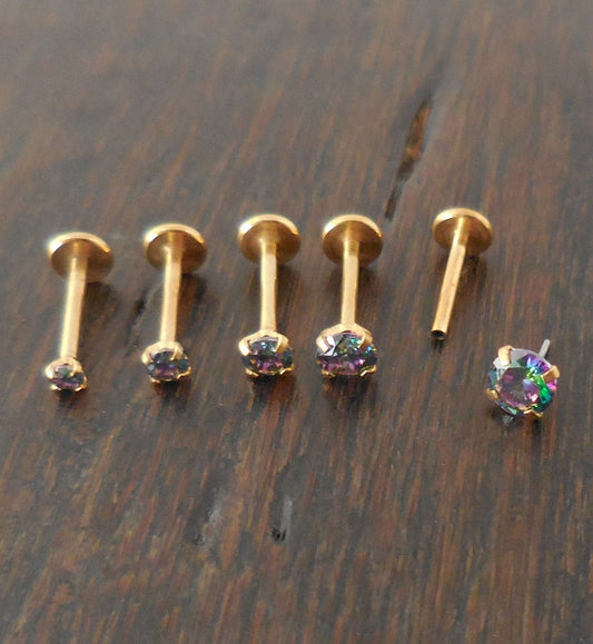 16g 2-4mm Tragus 6mm-8mm Threadless Nose Ring Push Pin Labret Cartilage Earrings Gold Tone Dark Prism Prong Set Rainbow Stone Triple Helix