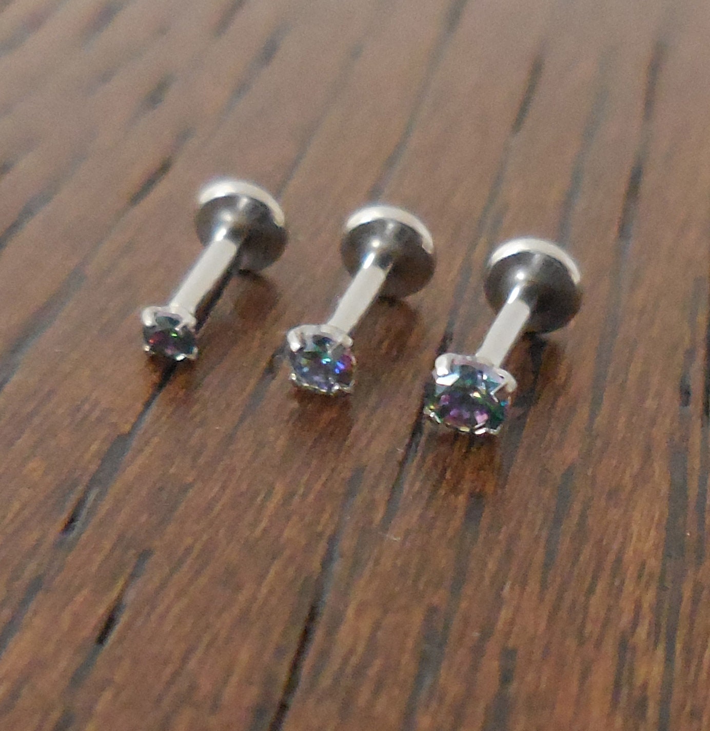 16g 2-4mm Tragus 6mm-8mm Threadless Push Pin Labret Triple Forward Helix Rainbow CZ Stone Ring Cartilage Earrings Stainless Prong Set
