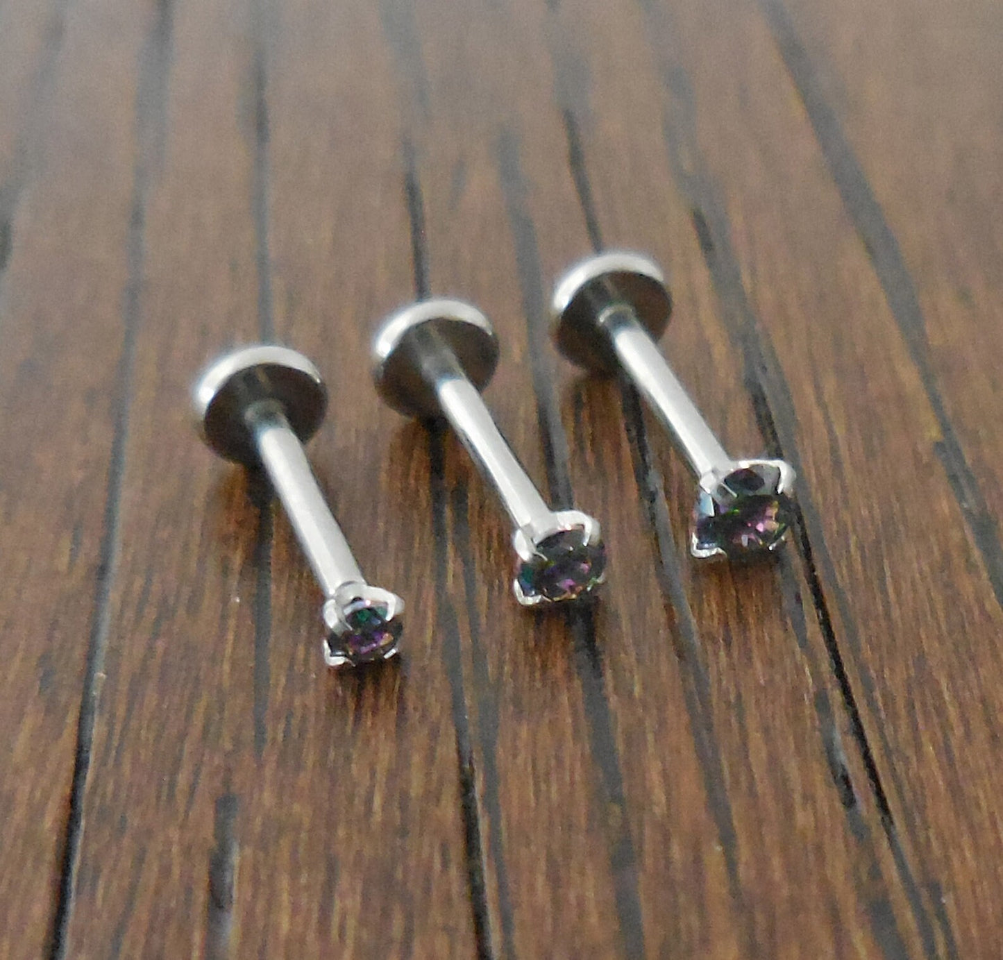 18G 2-4mm Tragus Rainbow Prong Set CZ Stone Threadless 6mm-8mm Push Pin Triple Forward Helix Nose Ring Labret Lip Earrings Stainless Steel