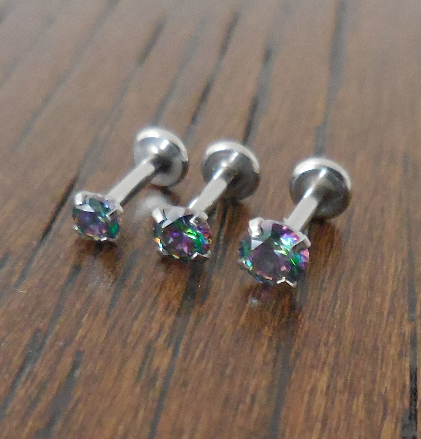 16g 2-4mm Tragus 6mm-8mm Threadless Push Pin Labret Triple Forward Helix Rainbow CZ Stone Ring Cartilage Earrings Stainless Prong Set
