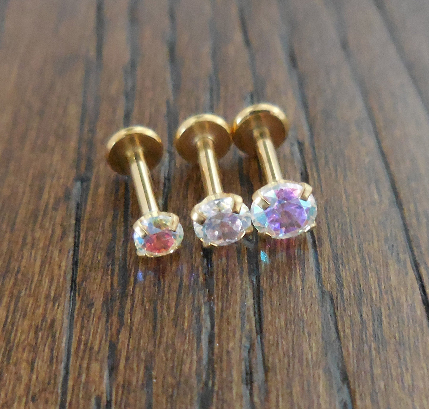 16g 2-4mm Tragus 6mm-8mm AB Crystal Push Pin Labret Nose Ring Titanium Prong Set Stone Cartilage Earrings Gold Tone Triple Helix Thread Less