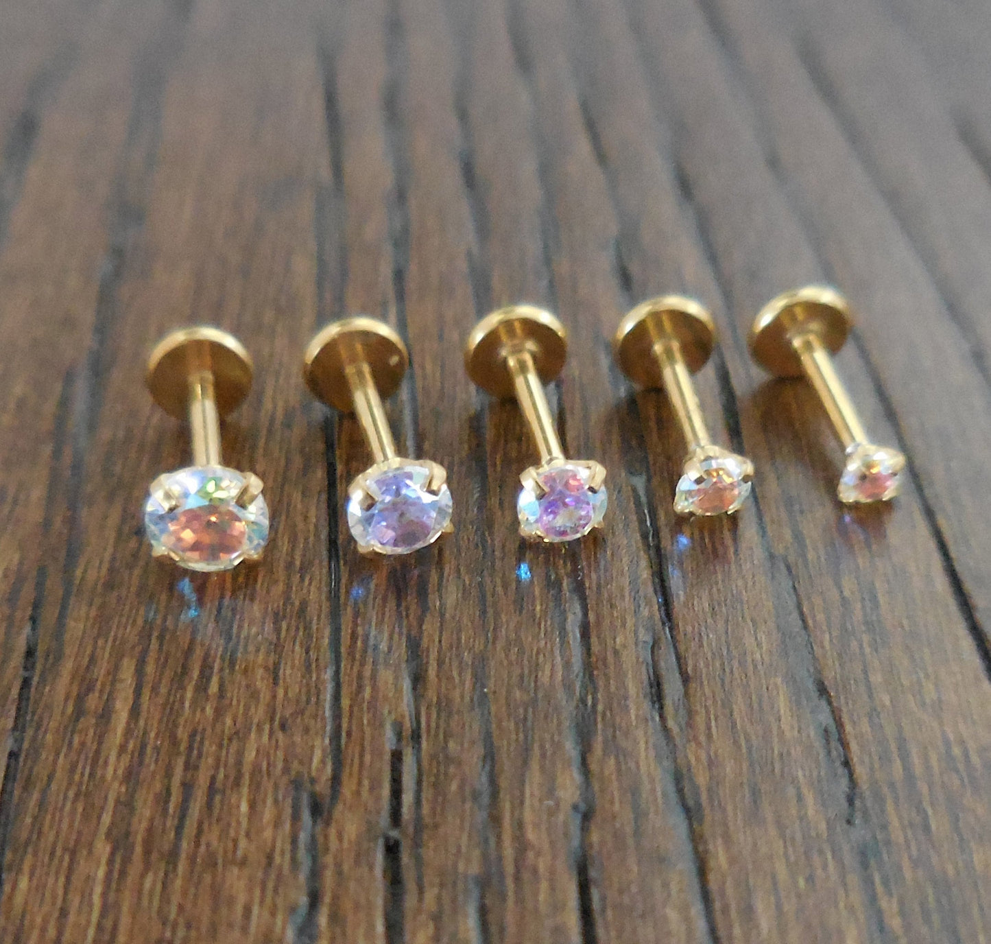 18g 2-4mm Tragus AB Crystal Push Pin Nose Ring Cartilage Earrings Gold Tone Labret Thread Less Triple Forward Helix Prong Set