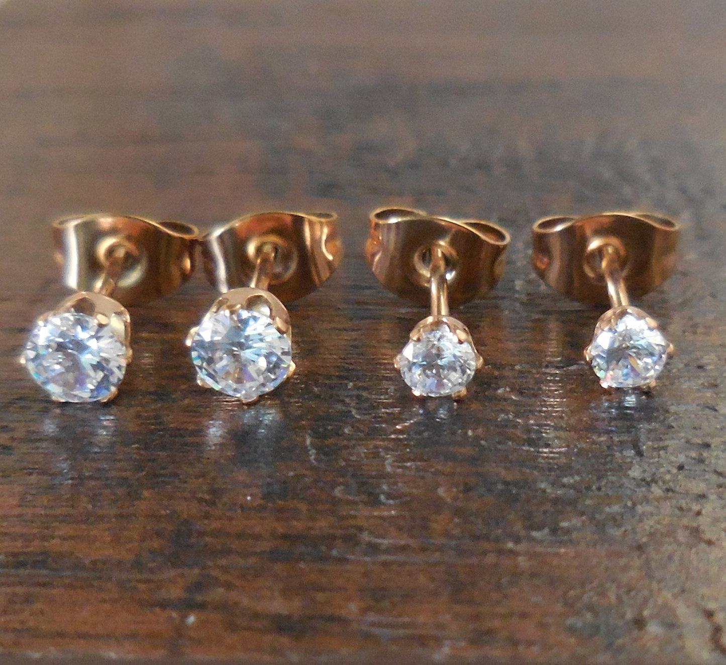 Pair Rose Gold Tone Titanium Anodized Clear CZ Cubic Zirconia Stud Earrings Post Solitaire Rings Prong set 3mm-8mm Prong Set Stones