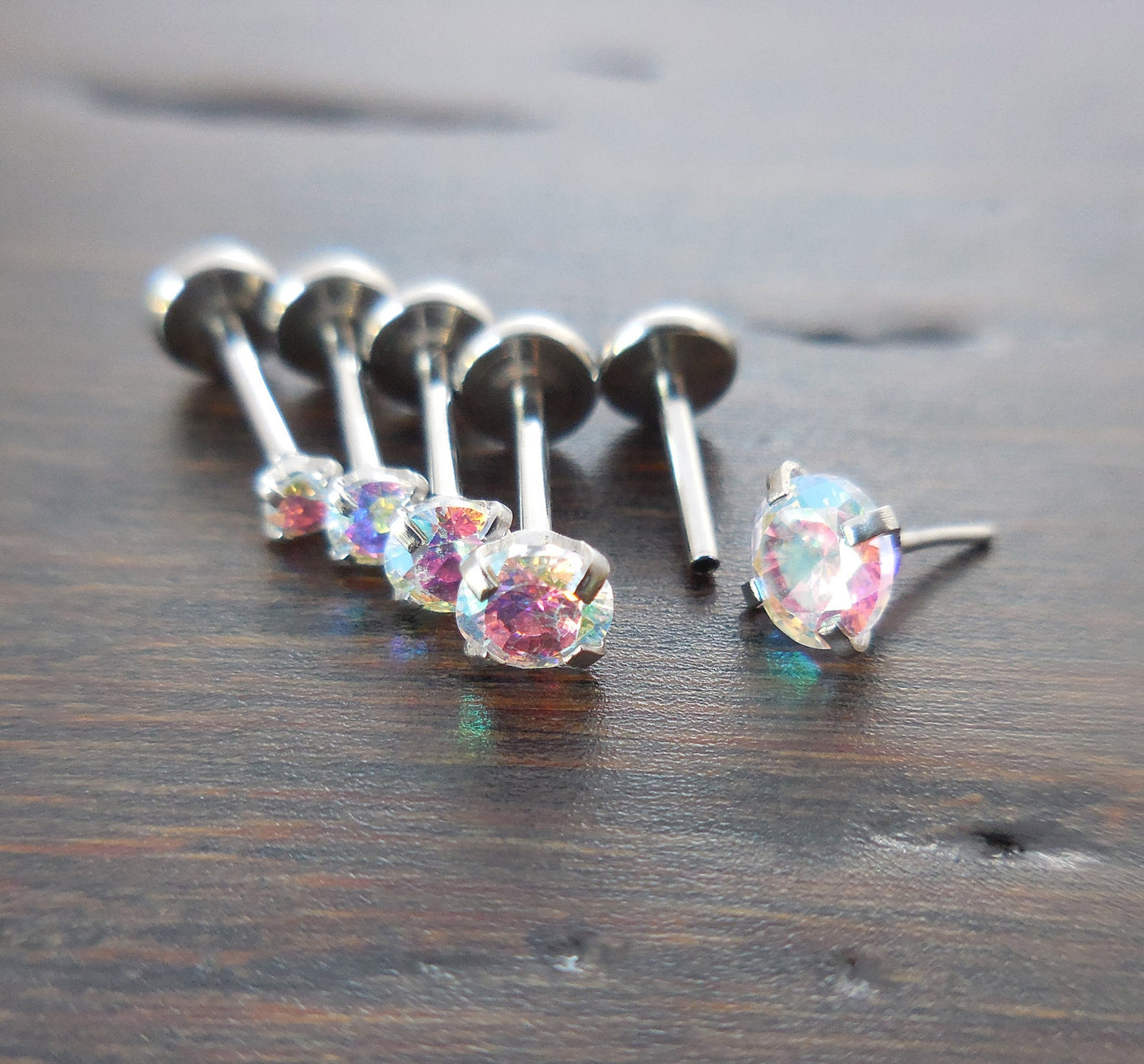 20G 2-4mm Tragus Threadless 6mm-8mm Push Pin Triple Helix Nose Ring Labret Lip Earrings Steel Prong Set AB Rainbow Auroral Borealis Crystal