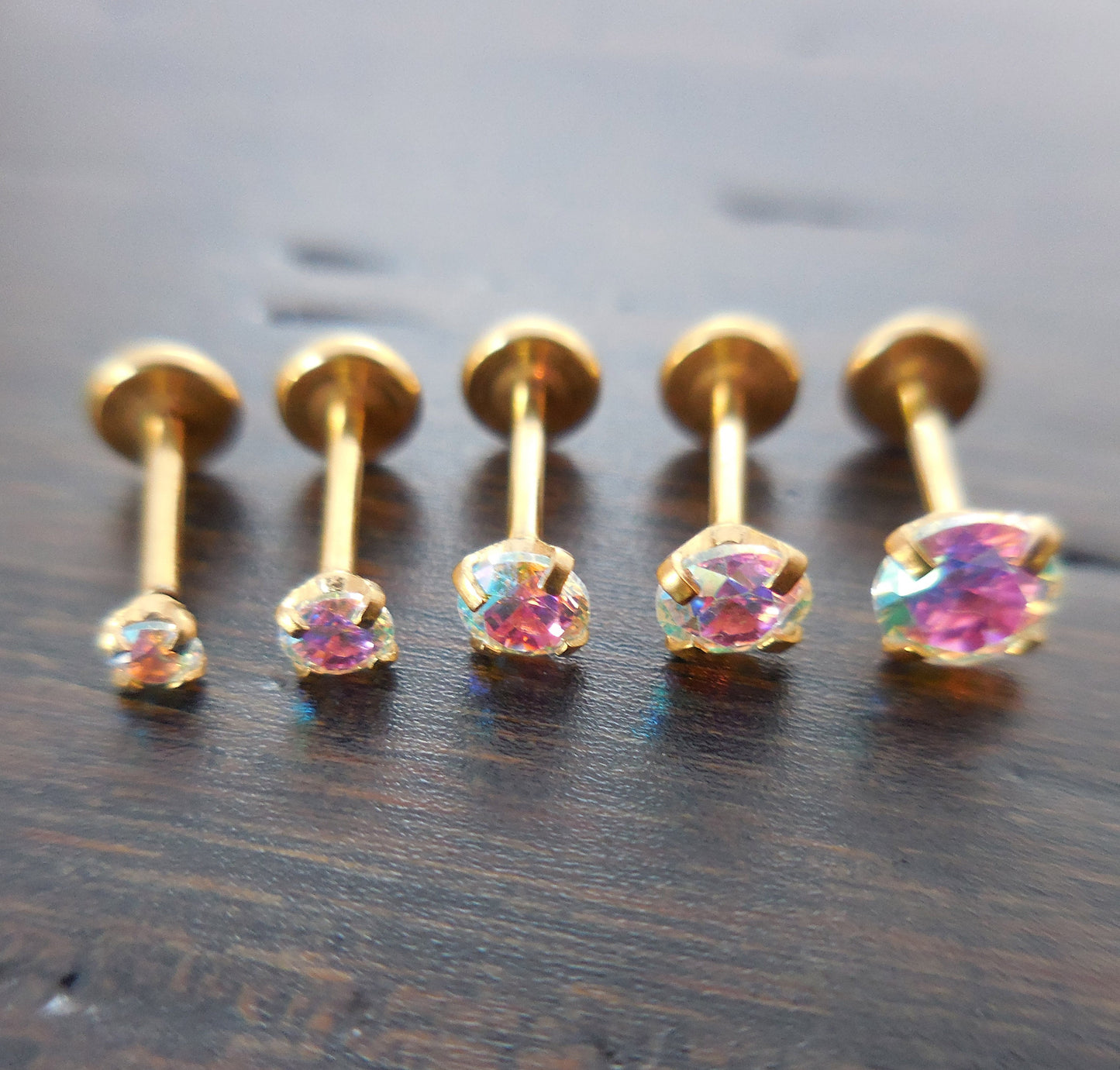 20g 2-4mm Labret Thread Less Triple Forward Helix Prong Set Tragus AB Crystal Push Pin 6mm-8mm Nose Ring Cartilage Earrings Gold Tone