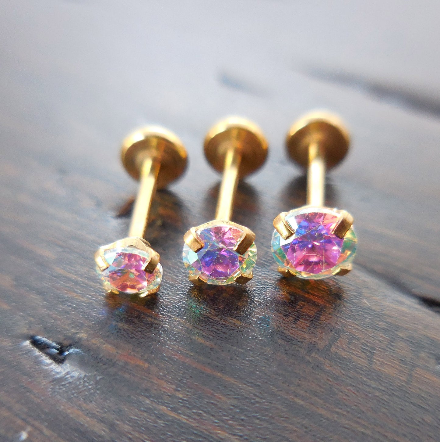 20g 2-4mm Labret Thread Less Triple Forward Helix Prong Set Tragus AB Crystal Push Pin 6mm-8mm Nose Ring Cartilage Earrings Gold Tone