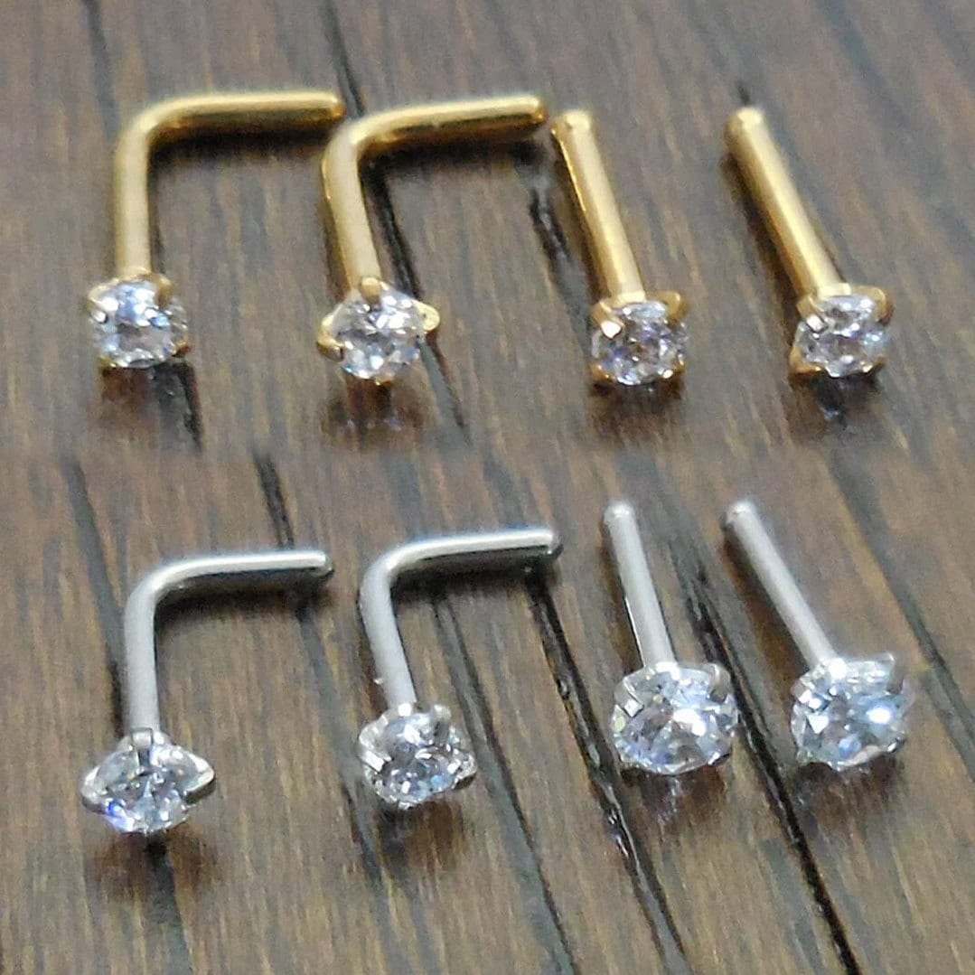 Pair 1.5, 2, 2.5 or 3mm Prong Set Screws Rings Bones Stainless Steel Nose L Shape Bend Titanium Stud Gold Tone 20G or 18G