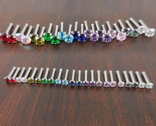 Pair 2mm or 3mm Prong Set 20G 18G Nose Stud Bones Rings Stainless Steel Rainbow Prism AB Crystal CZ 20G 18G