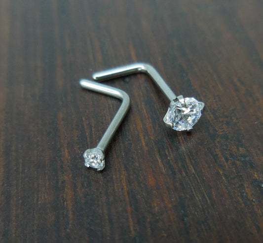Solid Titanium Nose Rings Clear Cubic Zirconia 1.5mm 3mm Silver L Shape 20G 18G Bend Stud Ring Implant Grade