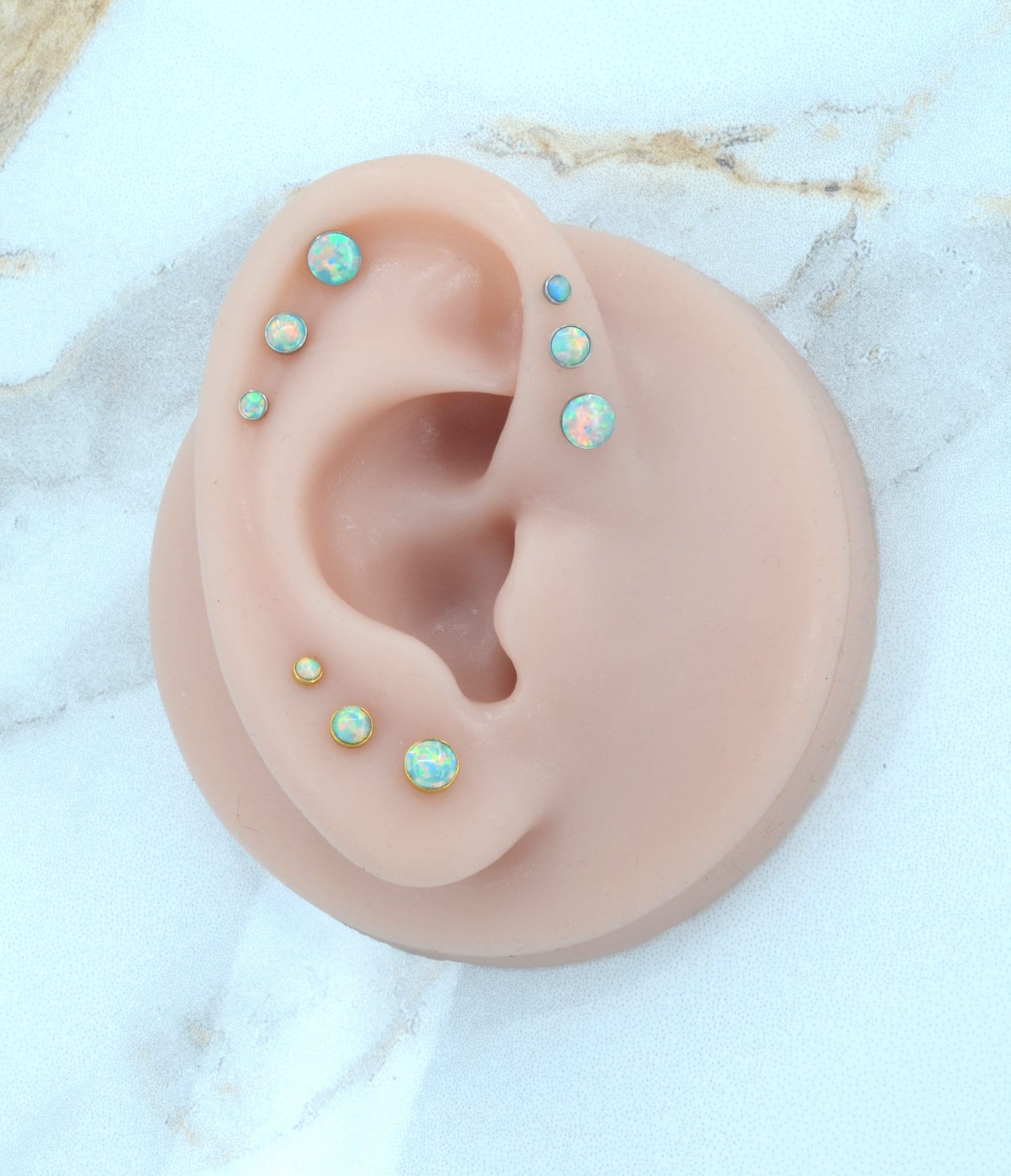Flat Back Earrings Threadless Dainty Aqua Opal Gem 16G/18G/20G Push Pin Nose Ring Cartilage Piercing Gold Tone Labret Stud Helix 2-4mm