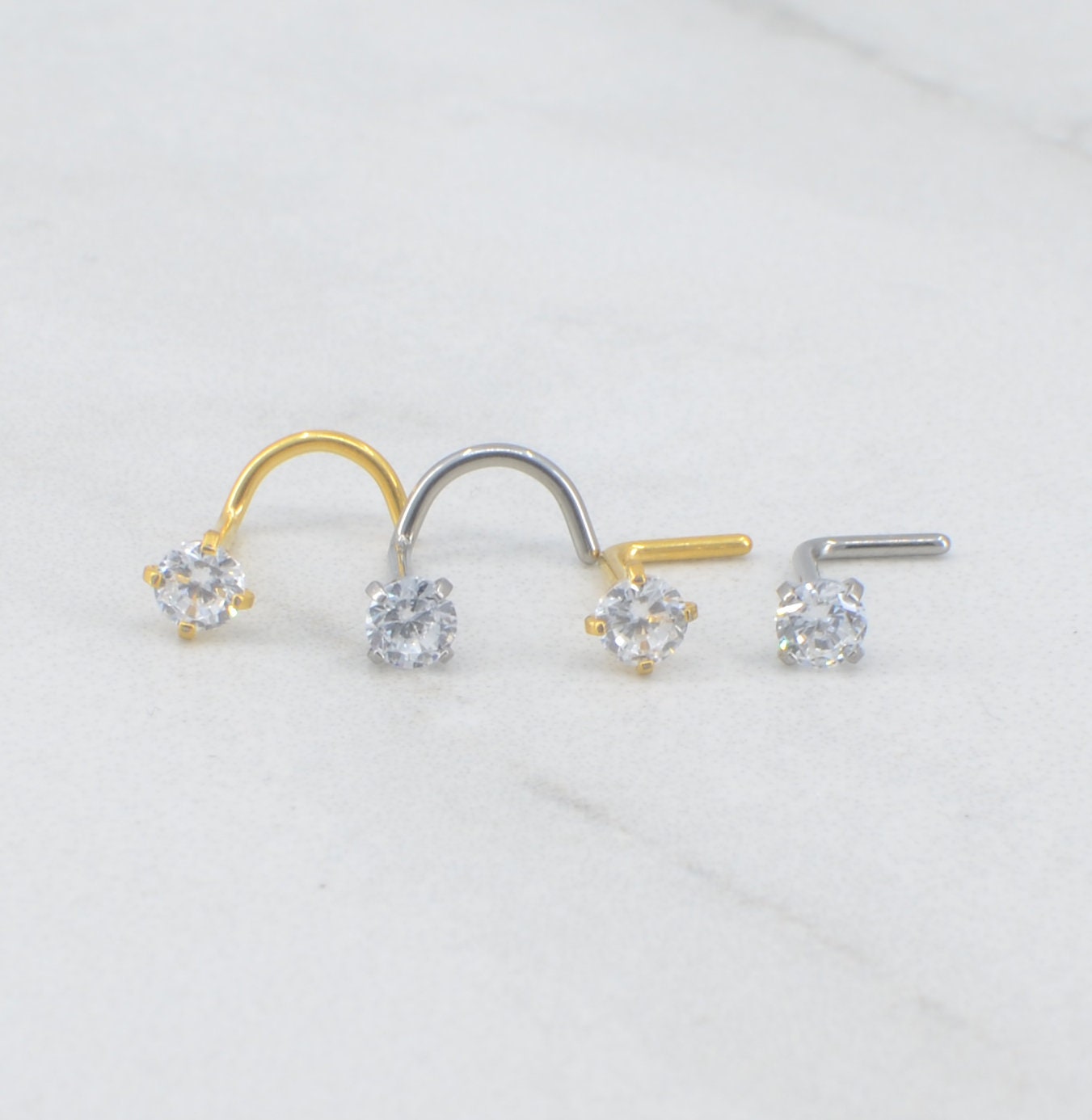 NEW-2mm/3mm L Shape Nose Rings -Implant Grade Titanium- Small Petite Stud Gold Tone 20G/18G -L Bend Nose Ring- Clear CZ Nose Screw