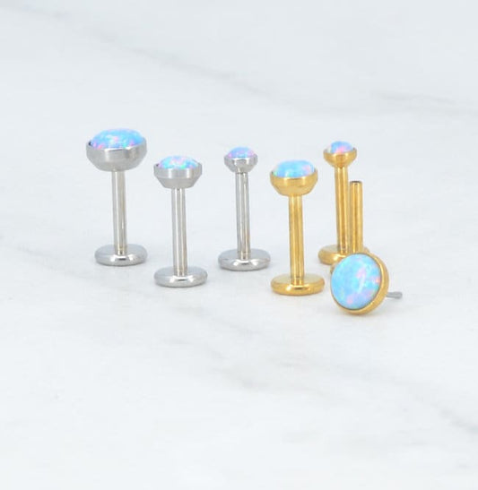 NEW 18G Threadless Flat Back Earrings Small Blue Opal Gem 16G/20G Push Pin Nose Ring Cartilage Piercing Gold Tone Labret Stud Helix 2-4mm