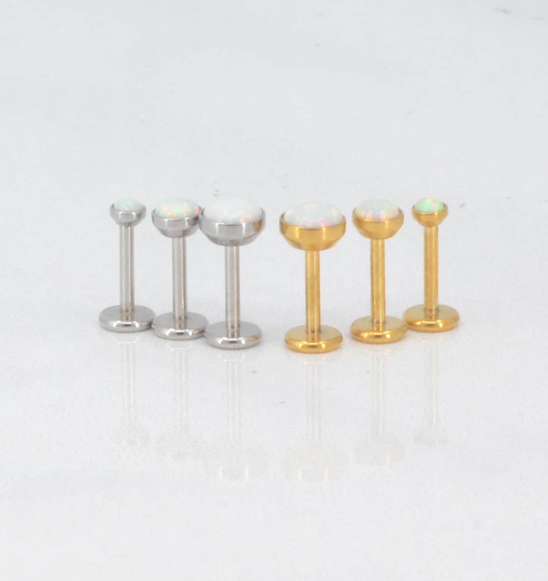 Flat Back Earrings Threadless 16G/18G/20G Push Pin Nose Ring Cartilage Gold Tone Labret Stud Triple Helix 2-4mm White Fire & Ice Opal