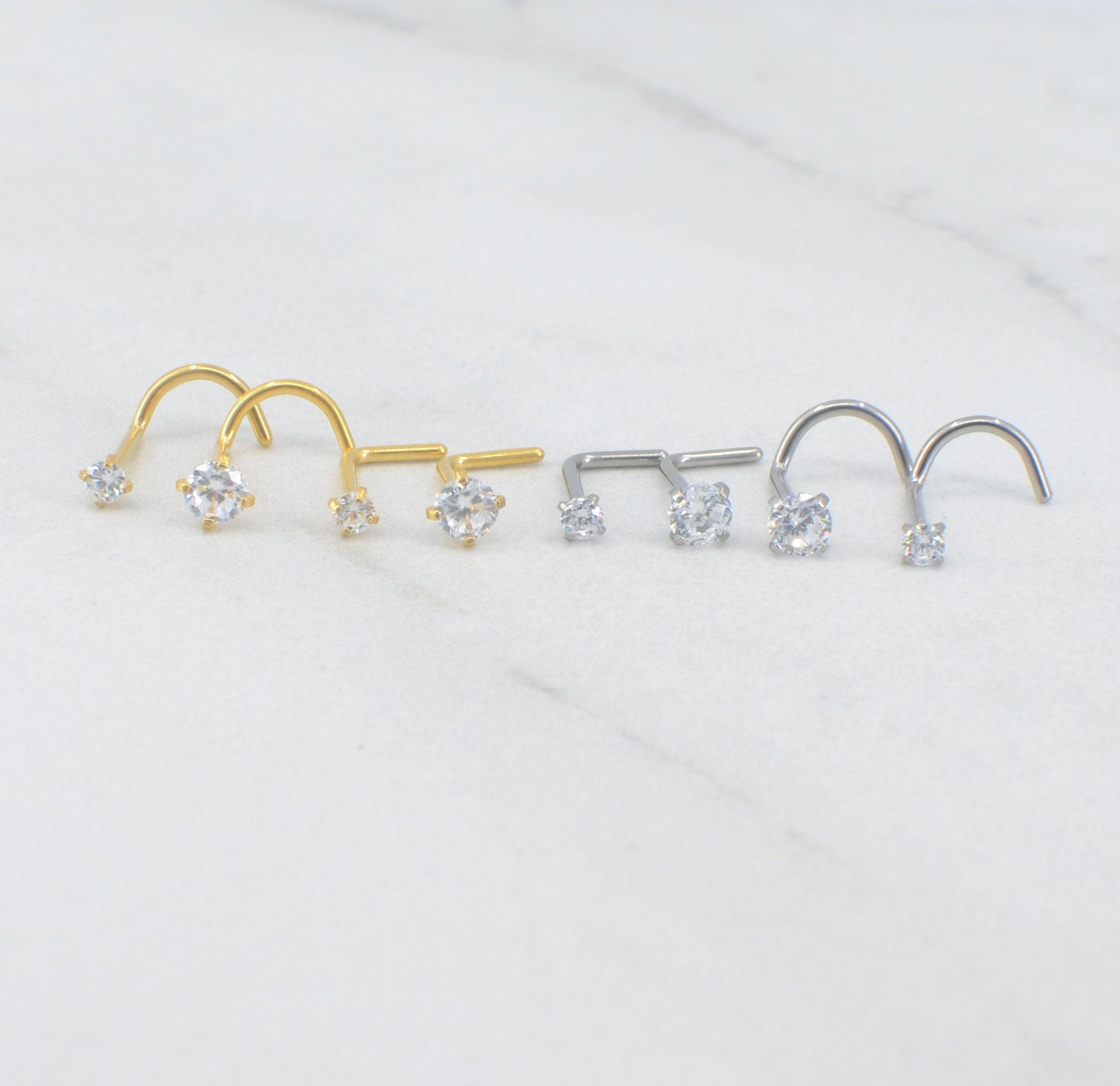 NEW-2mm/3mm L Shape Nose Rings -Implant Grade Titanium- Small Petite Stud Gold Tone 20G/18G -L Bend Nose Ring- Clear CZ Nose Screw
