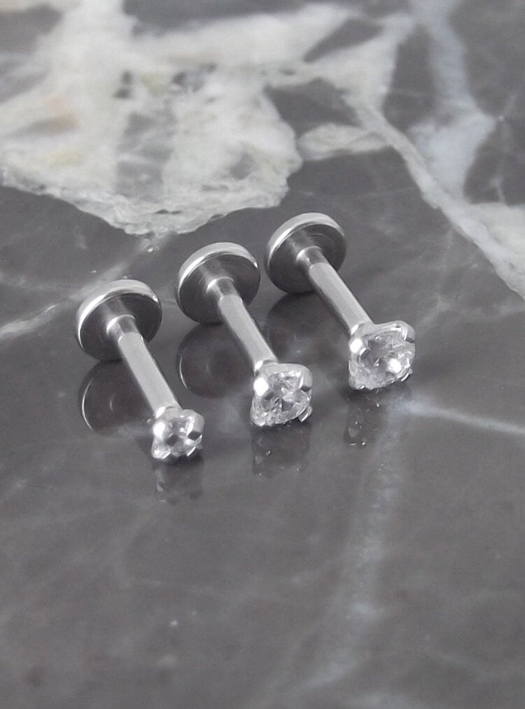 16g 2-3mm Tragus 1/4" 6mm Triple Helix Internally Threaded Ear Ring Prong Set Cubic Zirconia