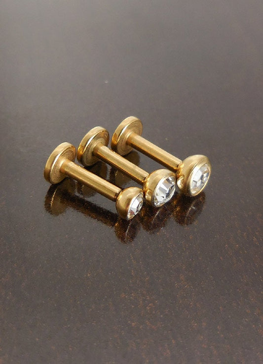 3,3.5,4mm Bezel Set CZ 16G Gold tone Titanium Tragus 1/4" 6mm Post Ear Triple Forward Helix Piercing Stud Bar Cartilage Earring